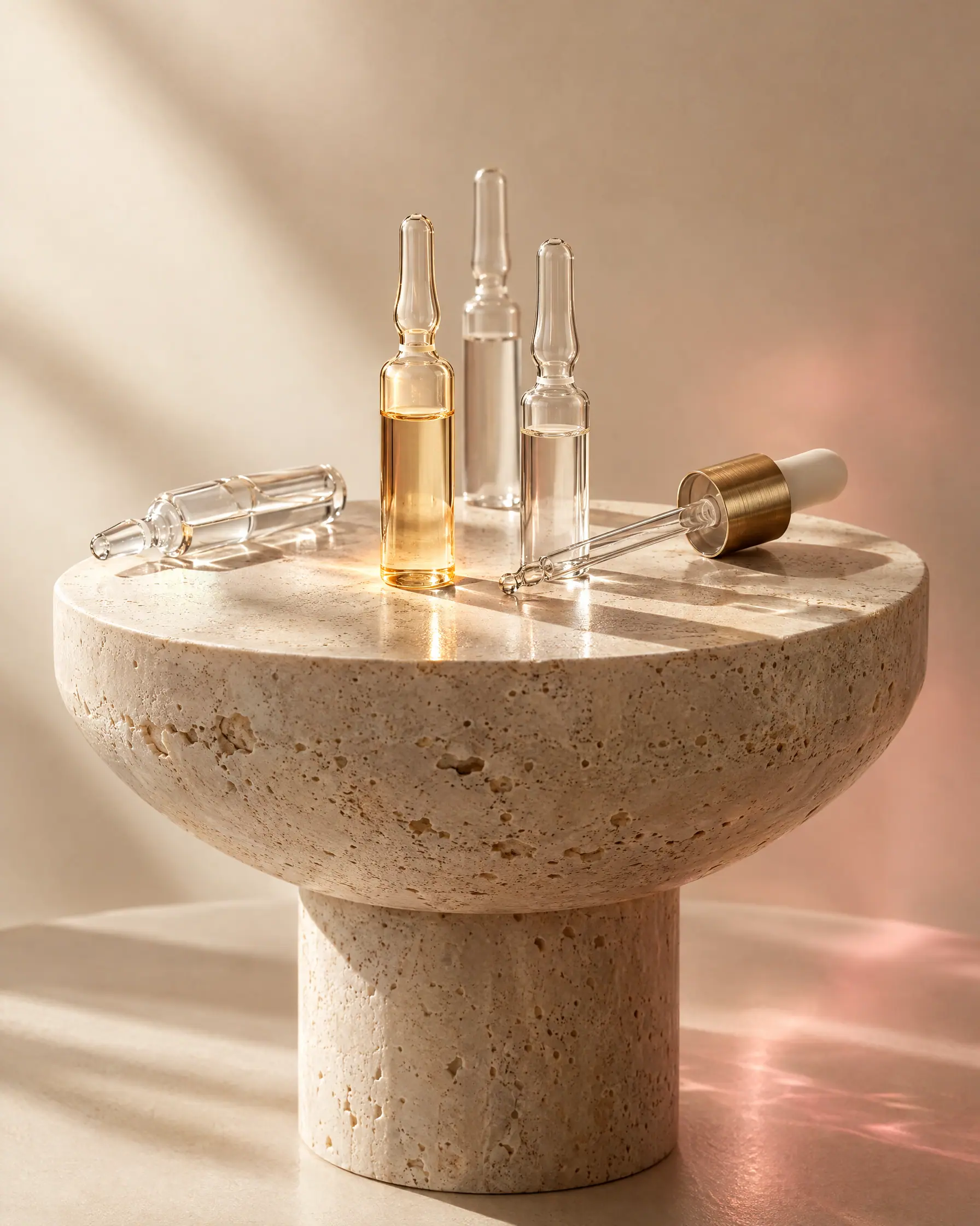 Glass ampoules and a gold dropper on a travertine pedestal