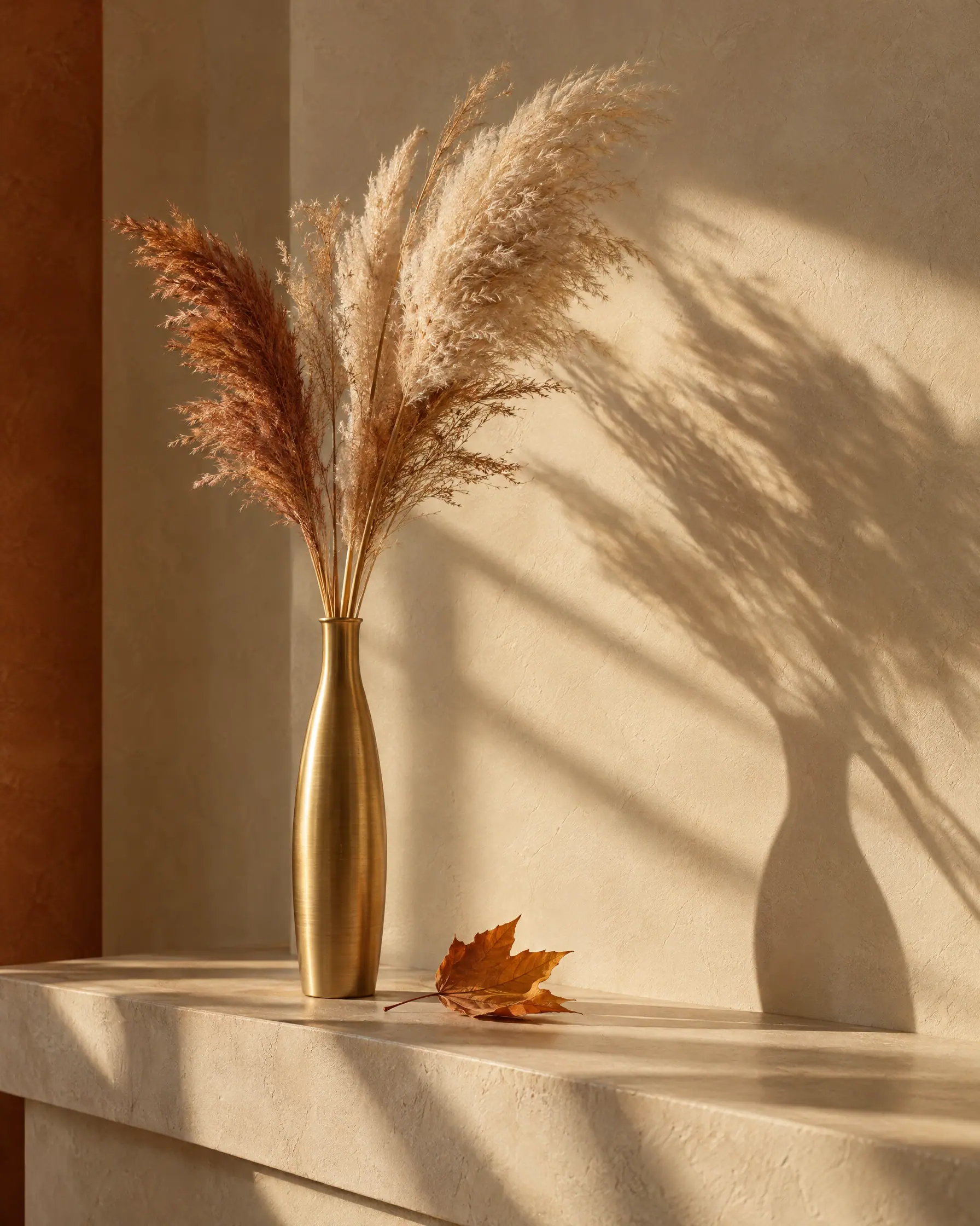 Dried pampas grass in a gold vase with an autumn leaf, in low morning sun