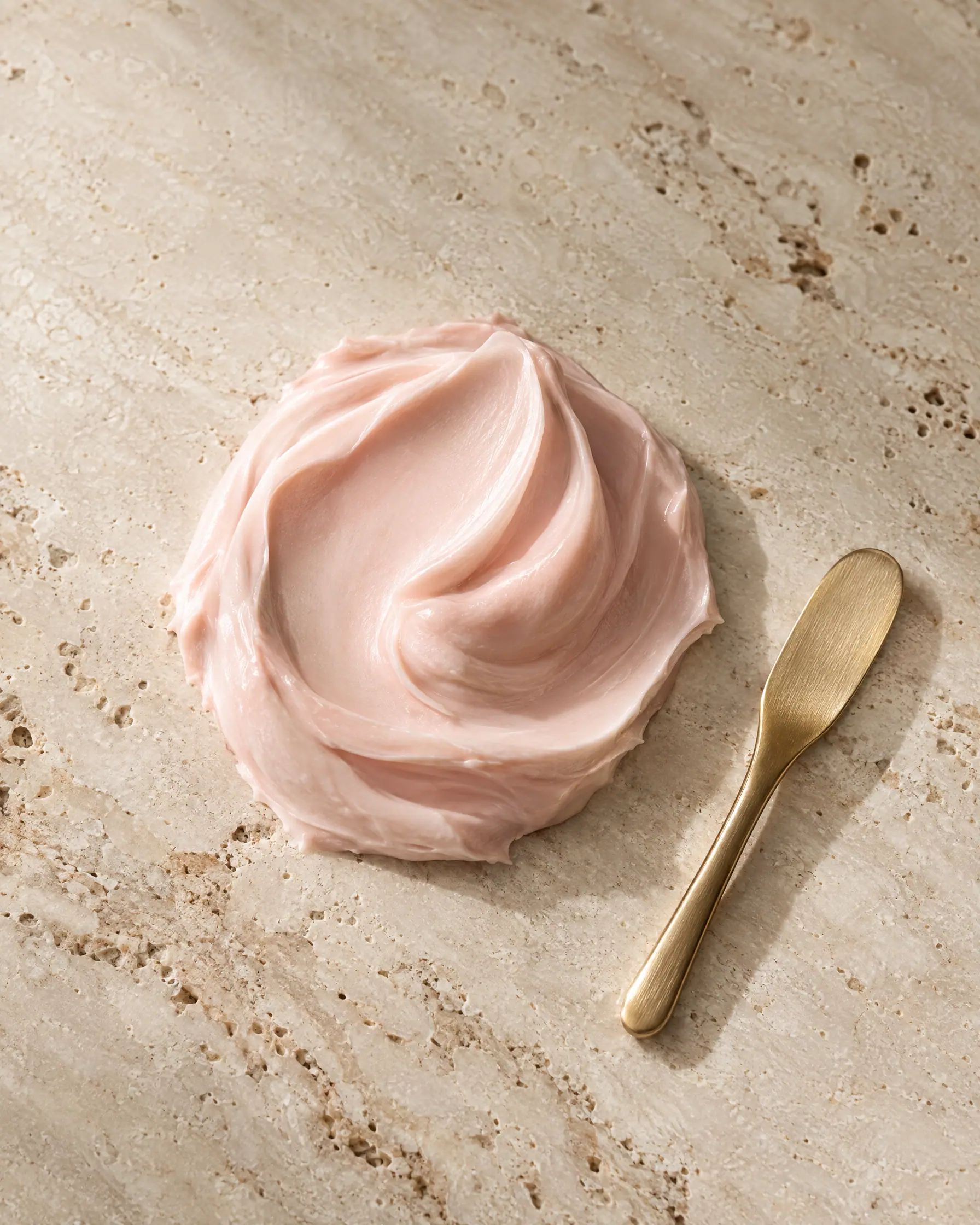 A swirl of blush cream beside a brushed-gold spatula