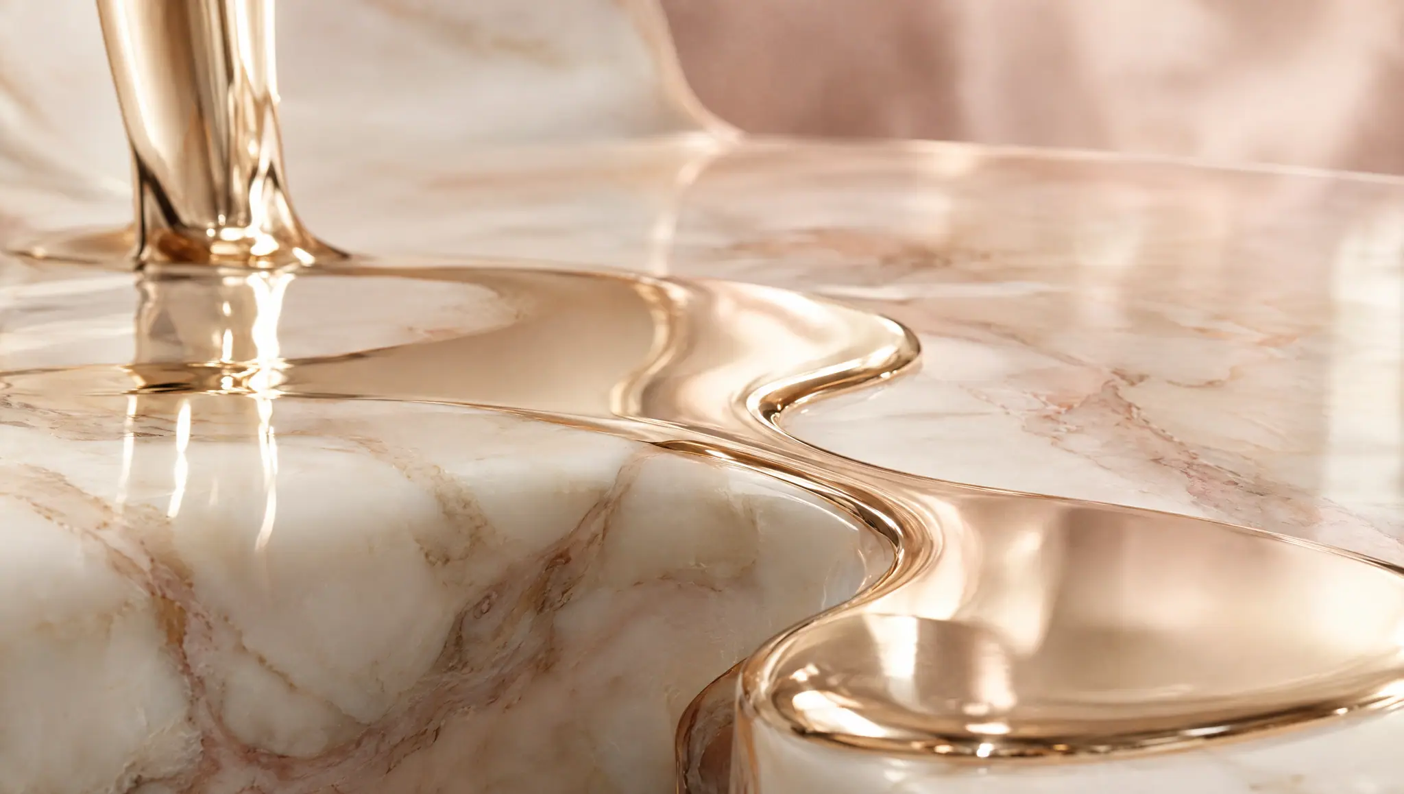 Liquid champagne gold flowing over ivory marble