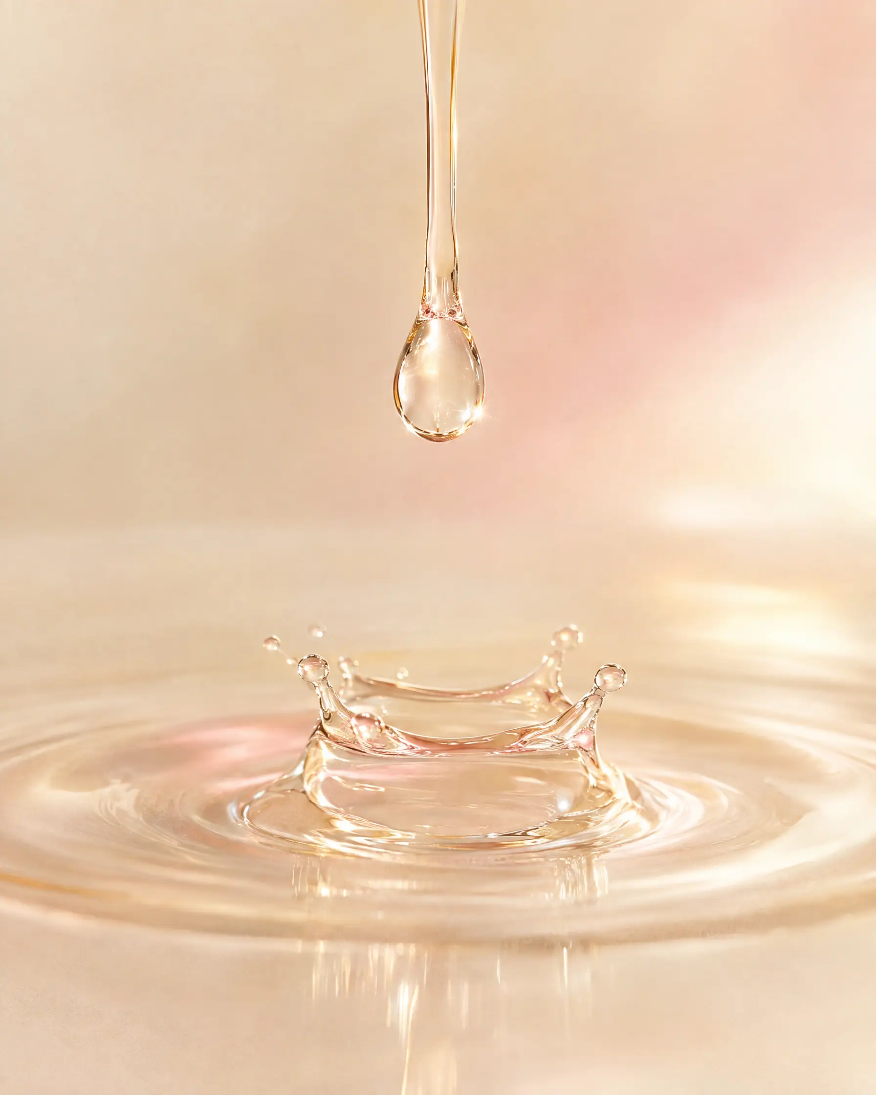 A single drop of serum falling onto a still ivory surface